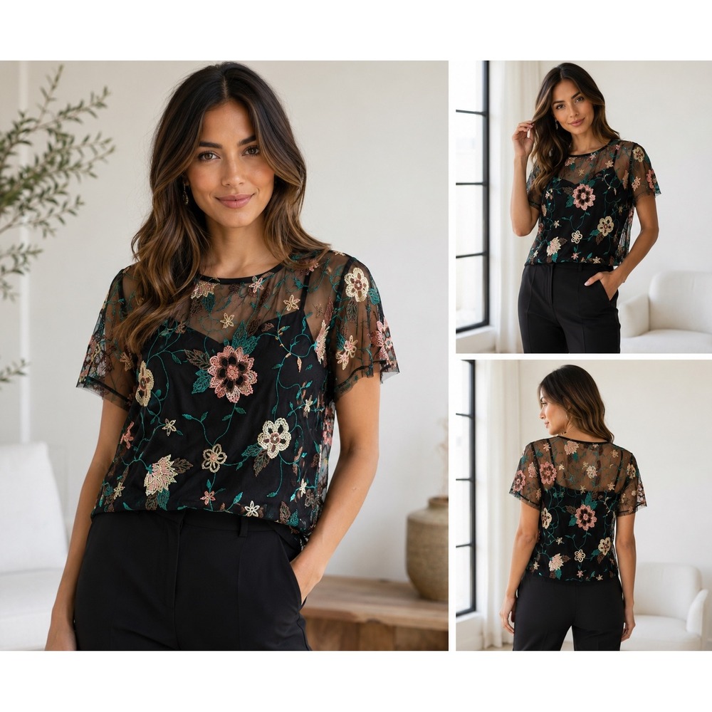 Glance Womens XL Black Sheer Mesh  Embroidery Blouse Top Boho Romantic Fairycore
